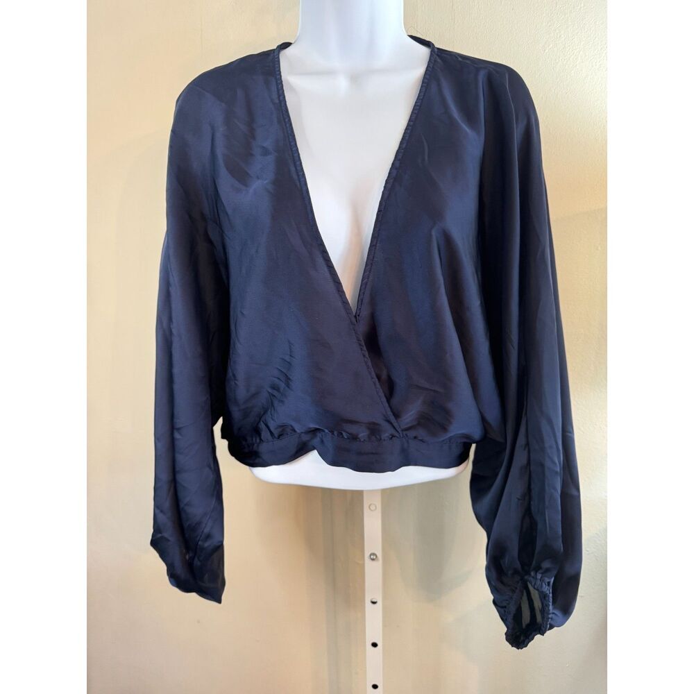 Stunning Free People navy blue long sleeve satin shirt plunging neckline XS